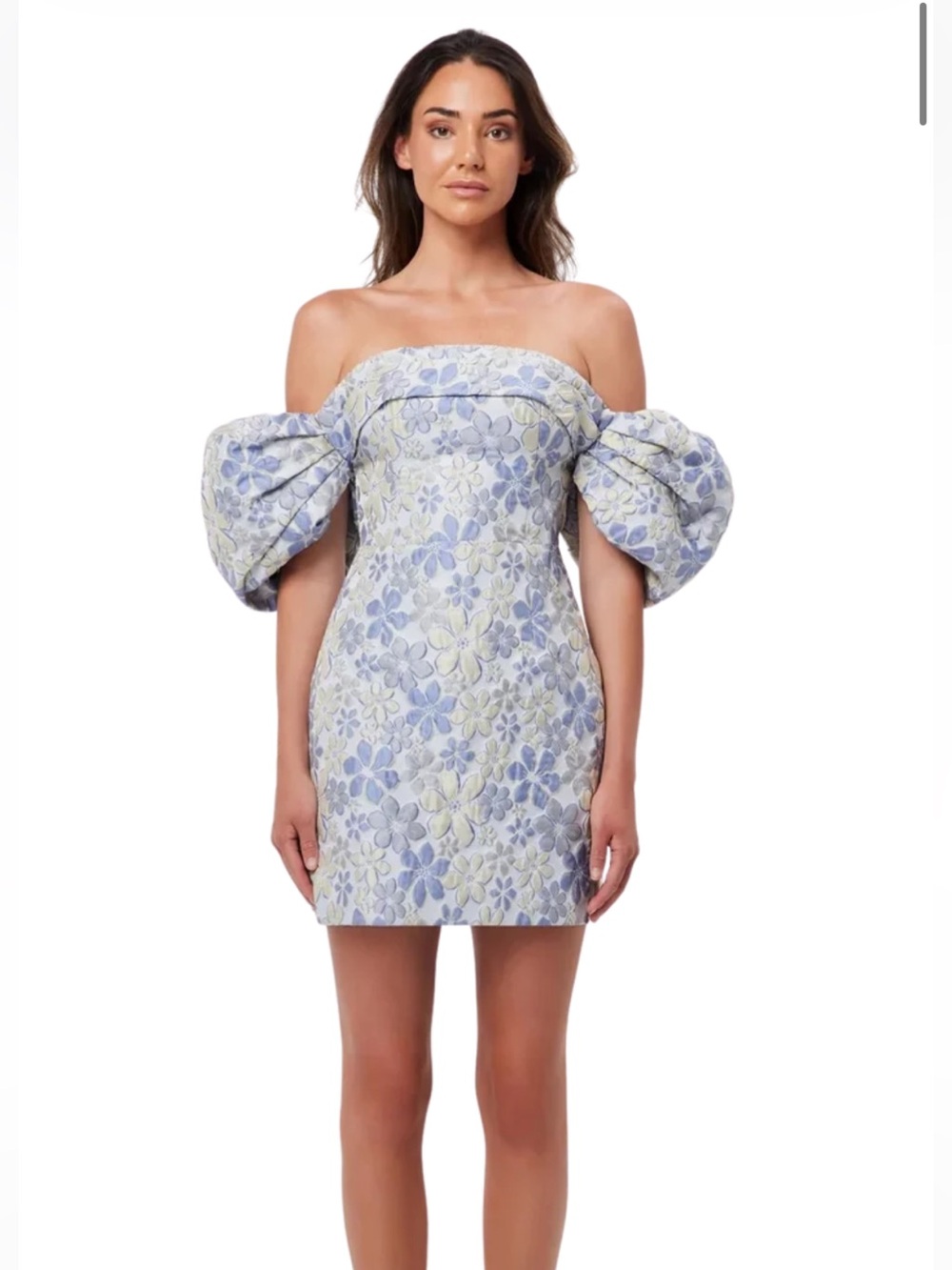 Elliatt Off-Shoulder Floral Jacquard Mini Dress in Light Blue and Cream
